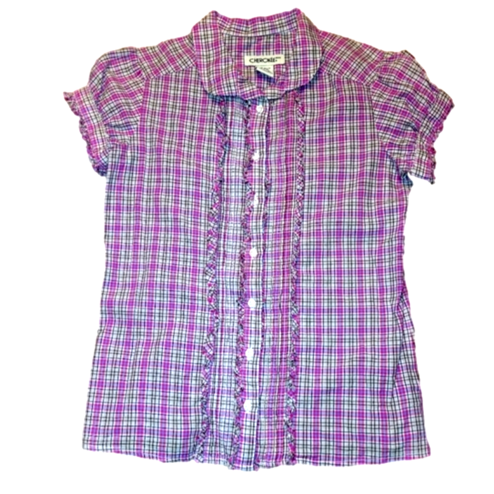 Cherokee pink & purple plaid short sleeve ruffle buttondown - Large 10/12